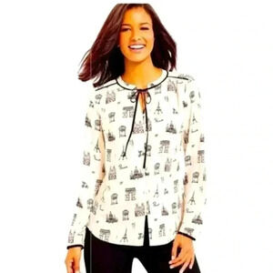 Talbots Paris Print Tie Front Blouse Ivory and Black Small Petite